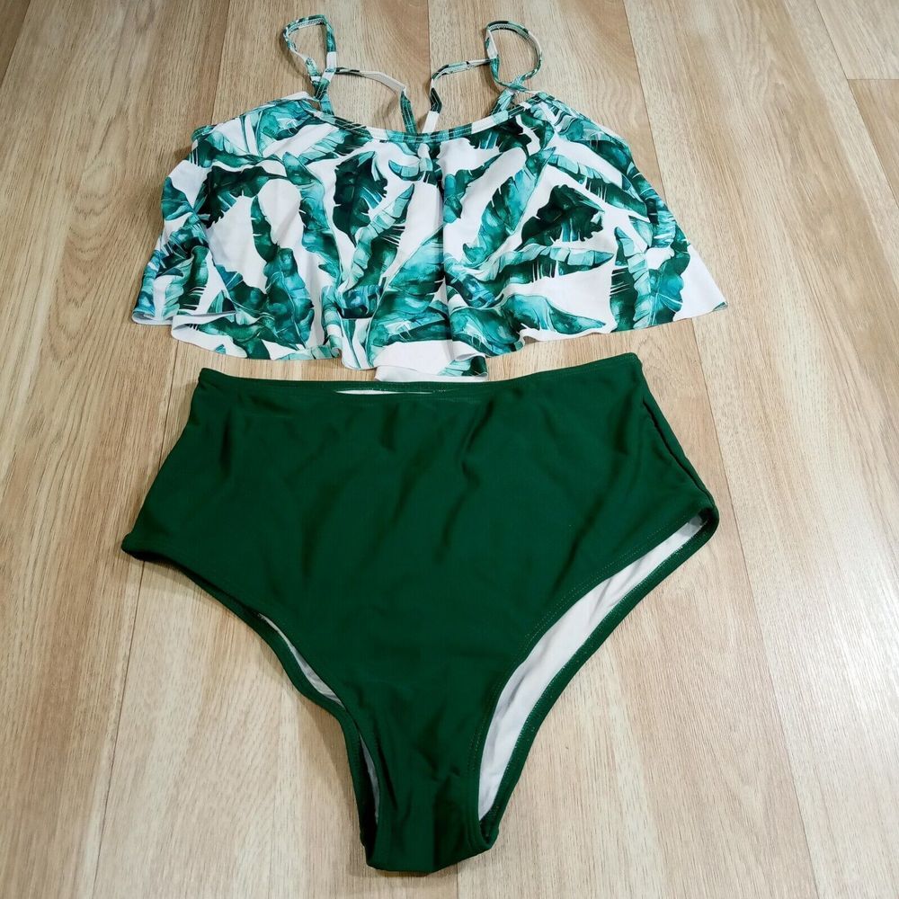 Peddney Womens Sz Medium Green Leaf Ruffle Flounce High Waisted Bikini‎ Swimsuit